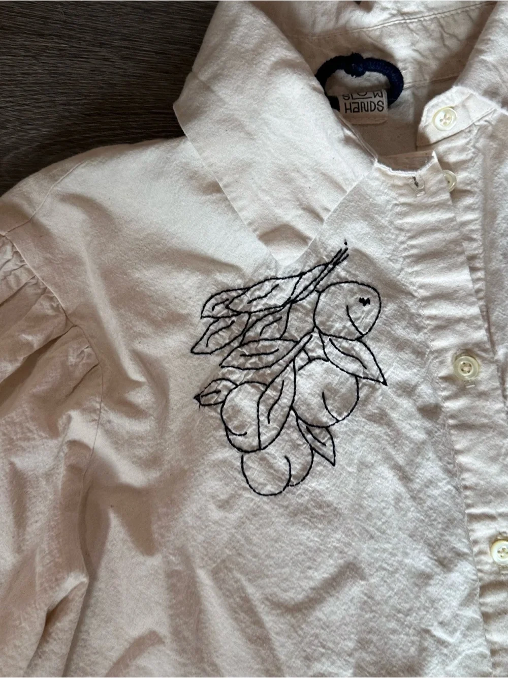 Hand embroidered Oversized beige shirt with puff sleeves made by SlowHands